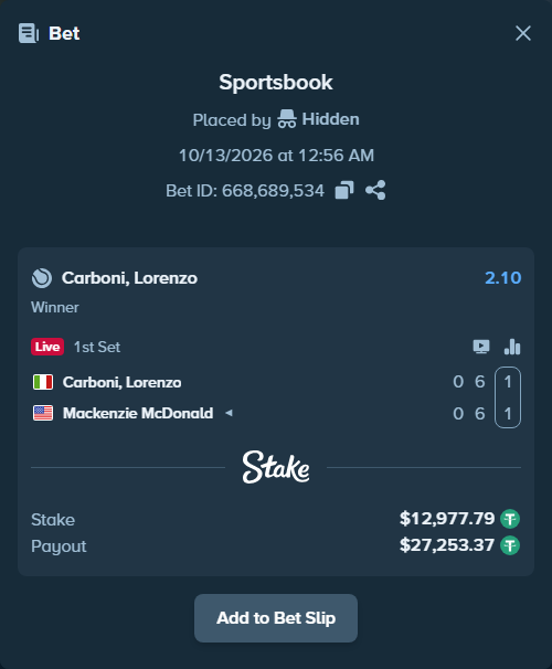 Bet slip: Carboni, Lorenzo - Mackenzie McDonald, $12,990.77 stake at 2.10 odds, placed by Hidden