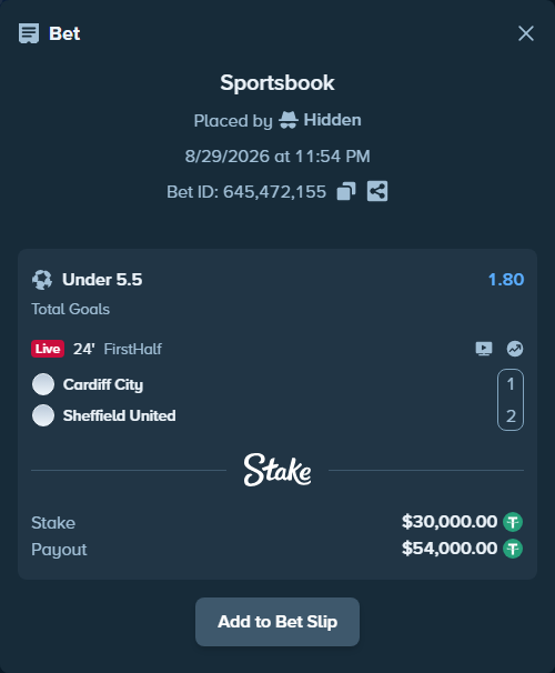 Bet slip: Cardiff - Sheffield United, $30,000.00 stake at 1.80 odds, placed by Hidden