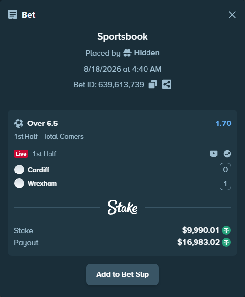 Bet slip: Cardiff - Wrexham, $10,000.00 stake at 1.70 odds, placed by Hidden