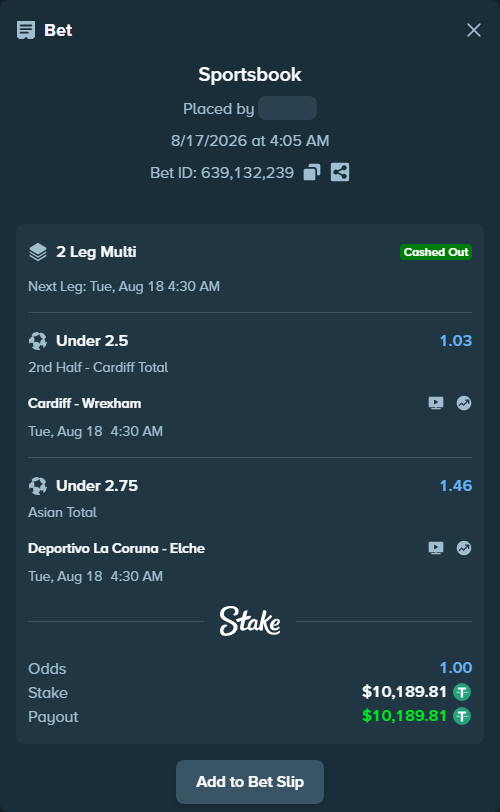 Bet slip: Cardiff - Wrexham, $10,200.00 stake at 1.03 odds, placed by Michalych80