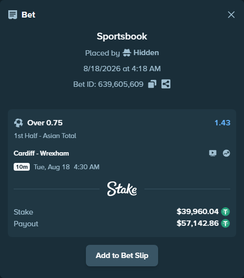 Bet slip: Cardiff - Wrexham, $40,000.00 stake at 1.43 odds, placed by Hidden