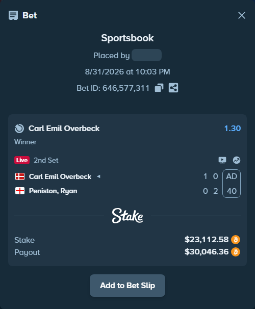 Bet slip: Carl Emil Overbeck - Peniston, Ryan, $23,050.46 stake at 1.30 odds, placed by messrjaysr