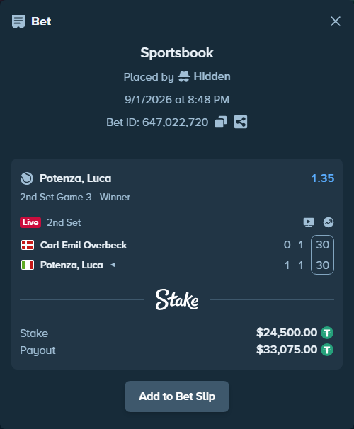 Bet slip: Carl Emil Overbeck - Potenza, Luca, $24,500.00 stake at 1.35 odds, placed by Hidden