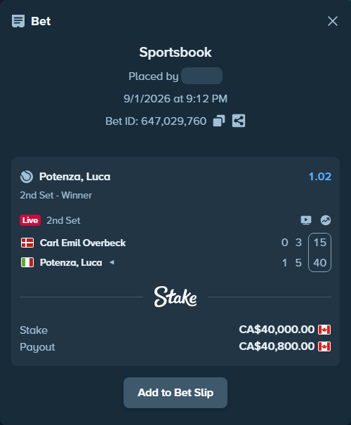 Bet slip: Carl Emil Overbeck - Potenza, Luca, $29,600.00 stake at 1.02 odds, placed by Zach0919