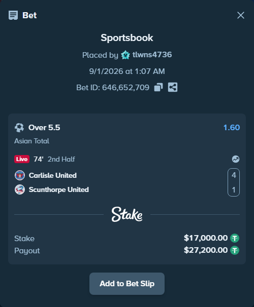 Bet slip: Carlisle United - Scunthorpe United, $17,000.00 stake at 1.60 odds, placed by tlwns4736
