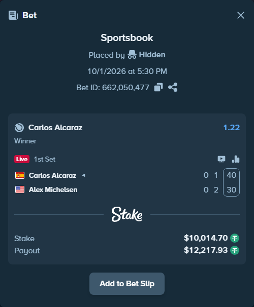 Bet slip: Carlos Alcaraz - Alex Michelsen, $10,014.70 stake at 1.22 odds, placed by nandonzr