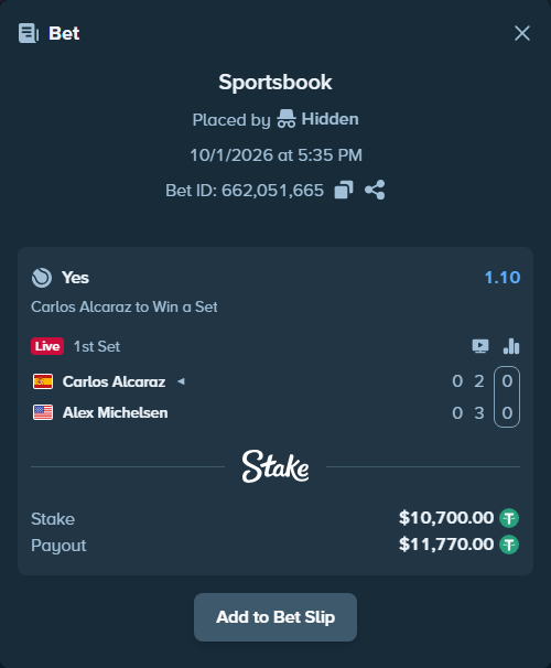 Bet slip: Carlos Alcaraz - Alex Michelsen, $10,700.00 stake at 1.10 odds, placed by shelyzz