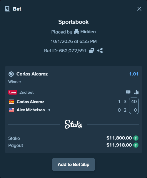 Bet slip: Carlos Alcaraz - Alex Michelsen, $11,800.00 stake at 1.01 odds, placed by shelyzz