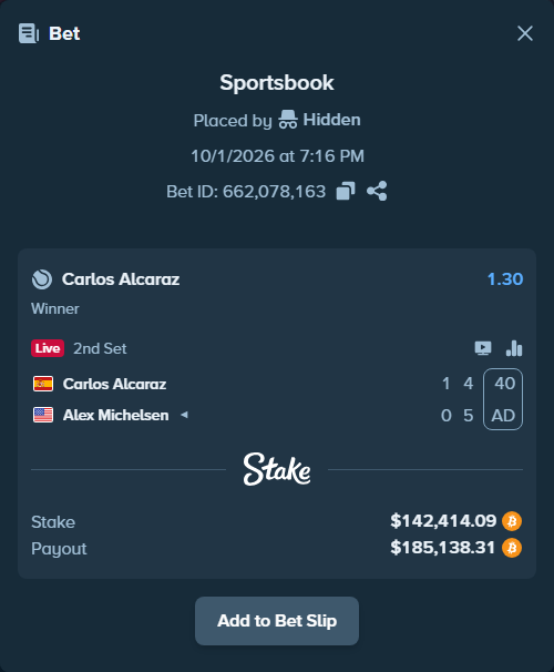 Bet slip: Carlos Alcaraz - Alex Michelsen, $142,462.85 stake at 1.30 odds, placed by Atte90