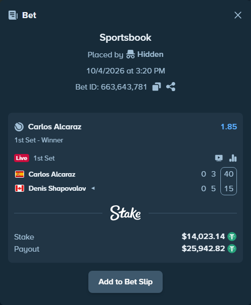 Bet slip: Carlos Alcaraz - Denis Shapovalov, $14,023.14 stake at 1.85 odds, placed by Hidden