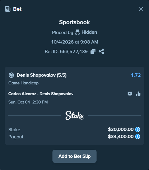 Bet slip: Carlos Alcaraz - Denis Shapovalov, $20,000.00 stake at 1.72 odds, placed by Hidden