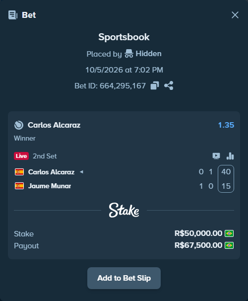 Bet slip: Carlos Alcaraz - Jaume Munar, $10,000.00 stake at 1.35 odds, placed by Hidden