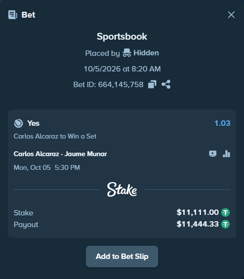 Bet slip: Carlos Alcaraz - Jaume Munar, $11,111.00 stake at 1.03 odds, placed by shelyzz