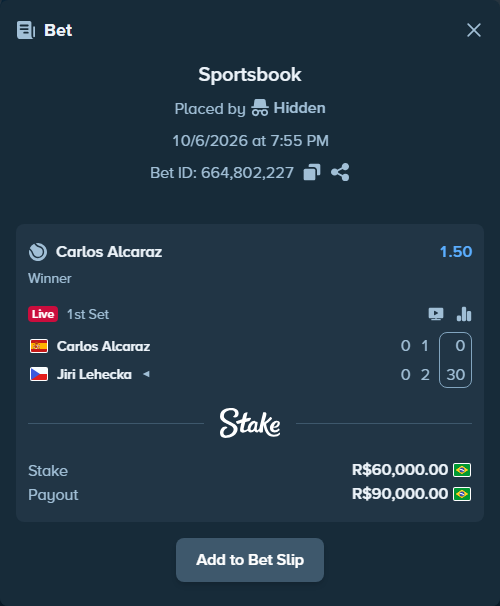 Bet slip: Carlos Alcaraz - Jiri Lehecka, $12,000.00 stake at 1.50 odds, placed by Hidden