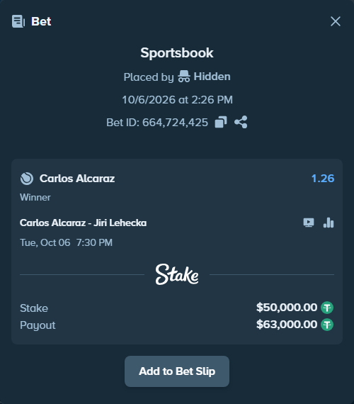 Bet slip: Carlos Alcaraz - Jiri Lehecka, $50,000.00 stake at 1.26 odds, placed by GhostInnaRL