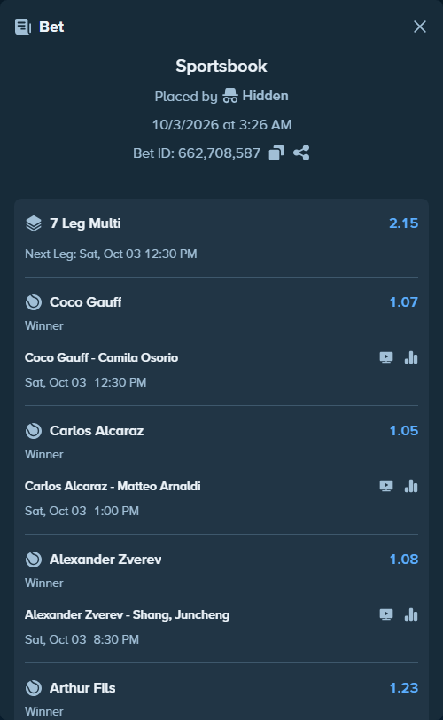 Bet slip: Carlos Alcaraz - Matteo Arnaldi, $100,000.00 stake at 1.05 odds, placed by Hidden