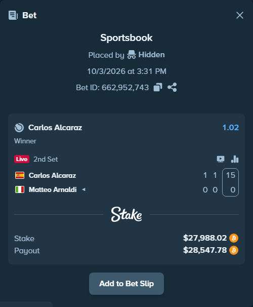 Bet slip: Carlos Alcaraz - Matteo Arnaldi, $27,982.60 stake at 1.02 odds, placed by hungrybox