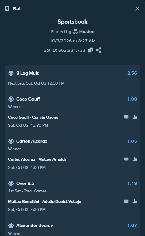 Bet slip: Carlos Alcaraz - Matteo Arnaldi, $86,155.07 stake at 1.05 odds, placed by Hidden