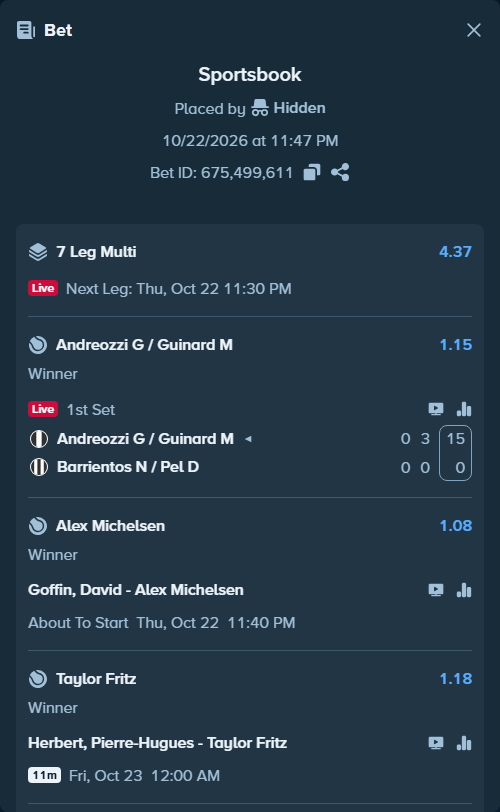 Bet slip: Carlos Maria Zarate - Francisco Comesana, $26,872.90 stake at 1.11 odds, placed by Hidden