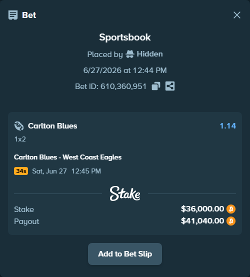 Bet slip: Carlton Blues - West Coast Eagles, $36,911.56 stake at 1.14 odds, placed by Hidden