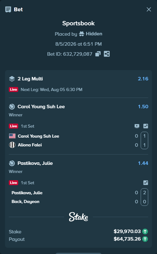 Bet slip: Carol Young Suh Lee - Aliona Falei, $30,000.00 stake at 1.50 odds, placed by Hidden