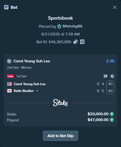 Bet slip: Carol Young Suh Lee - Katie Boulter, $20,000.00 stake at 2.35 odds, placed by Mishobg86