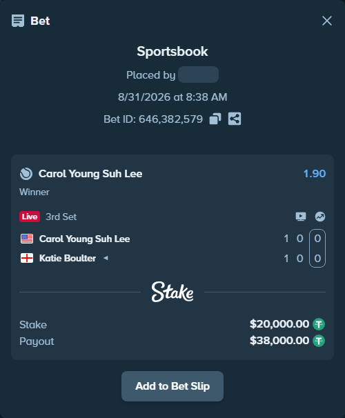 Bet slip: Carol Young Suh Lee - Katie Boulter, $20,000.00 stake at 1.90 odds, placed by Mishobg86