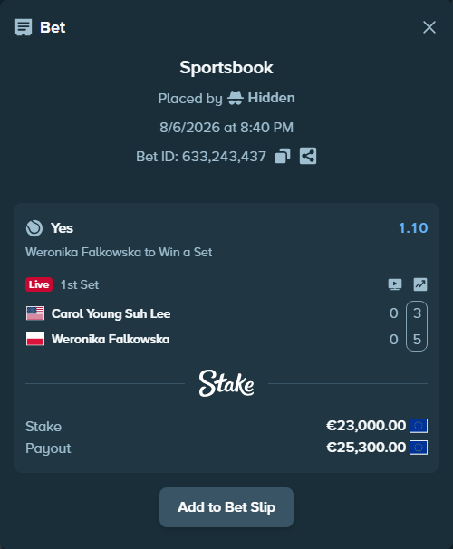 Bet slip: Carol Young Suh Lee - Weronika Falkowska, $24,840.00 stake at 1.10 odds, placed by Hidden