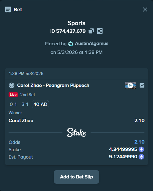 Bet slip: Carol Zhao - Peangrarn Plipuech, $7,543.09 stake at 2.10 odds, placed by AustinAlgamus