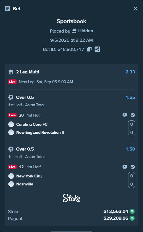 Bet slip: Carolina Core FC - New England Revolution II, $12,559.27 stake at 1.55 odds, placed by Hidden