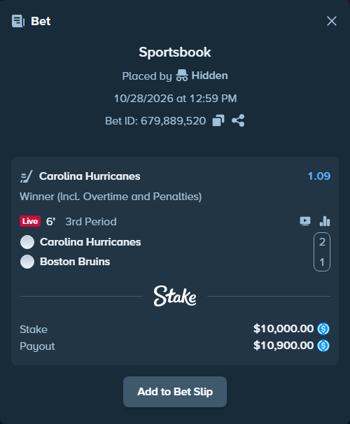 Bet slip: Carolina Hurricanes - Boston Bruins, $10,000.00 stake at 1.09 odds, placed by Hidden