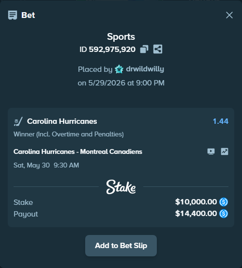 Bet slip: Carolina Hurricanes - Montreal Canadiens, $10,000.00 stake at 1.44 odds, placed by drwildwilly