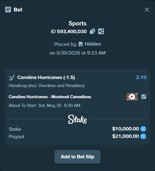 Bet slip: Carolina Hurricanes - Montreal Canadiens, $10,000.00 stake at 2.10 odds, placed by Hidden