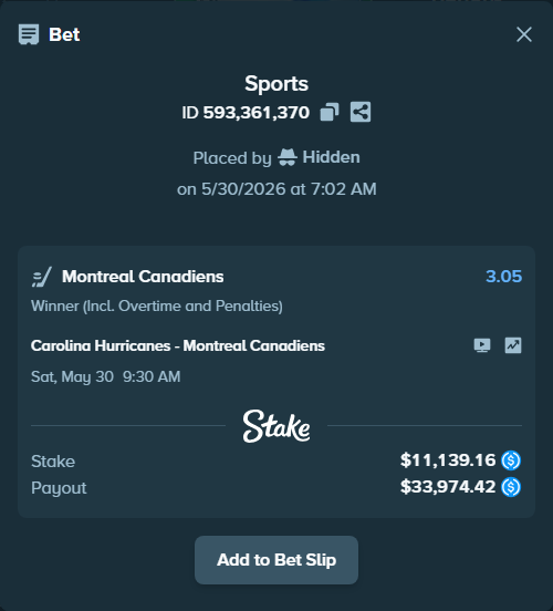 Bet slip: Carolina Hurricanes - Montreal Canadiens, $11,139.16 stake at 3.05 odds, placed by Hidden