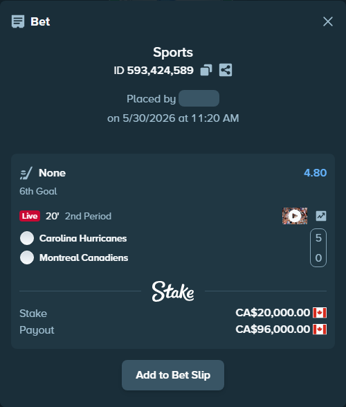 Bet slip: Carolina Hurricanes - Montreal Canadiens, $14,800.00 stake at 4.80 odds, placed by BHseh77