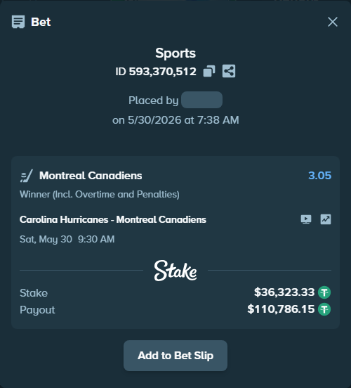 Bet slip: Carolina Hurricanes - Montreal Canadiens, $36,359.65 stake at 3.05 odds, placed by Rosspicks