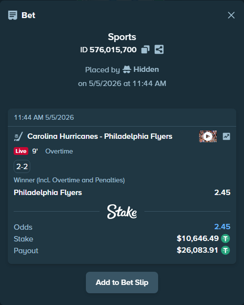 Bet slip: Carolina Hurricanes - Philadelphia Flyers, $10,646.49 stake at 2.45 odds, placed by Hidden