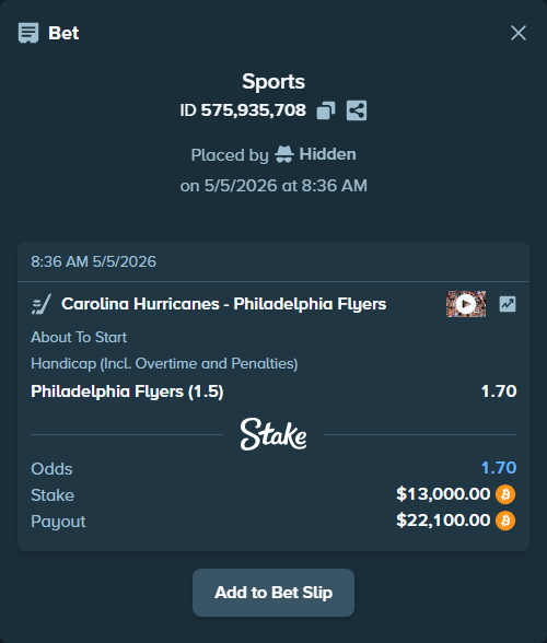 Bet slip: Carolina Hurricanes - Philadelphia Flyers, $10,429.11 stake at 1.70 odds, placed by Hidden