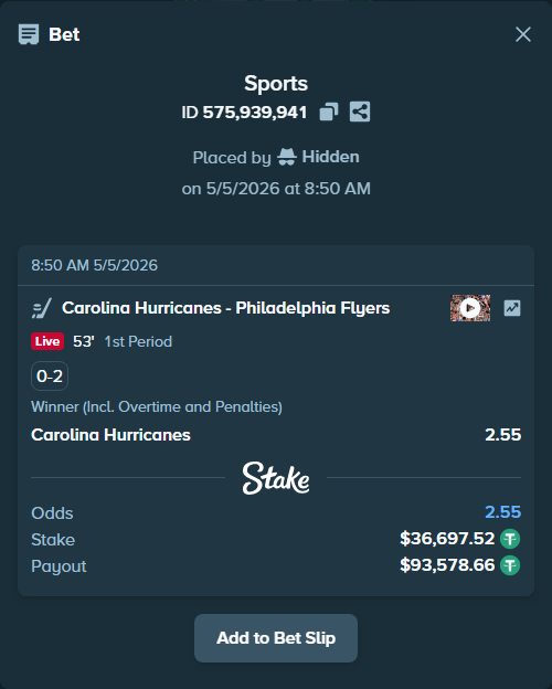 Bet slip: Carolina Hurricanes - Philadelphia Flyers, $36,697.52 stake at 2.55 odds, placed by Hidden
