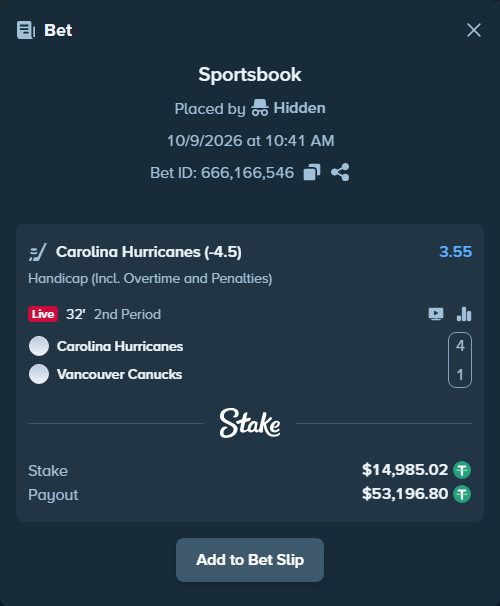 Bet slip: Carolina Hurricanes - Vancouver Canucks, $15,000.00 stake at 3.55 odds, placed by BetlikeaKing