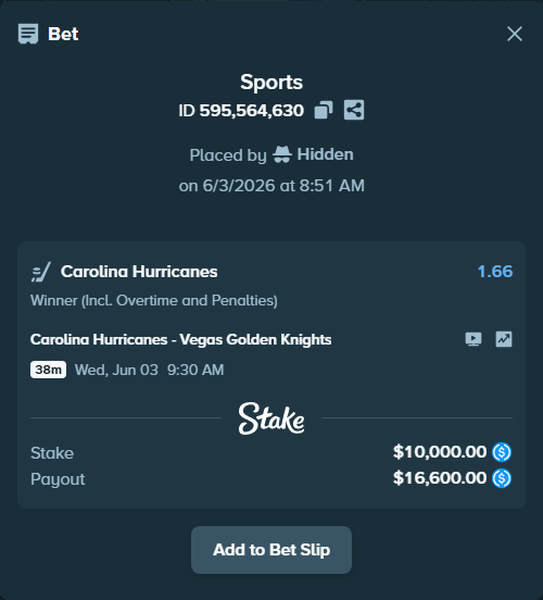 Bet slip: Carolina Hurricanes - Vegas Golden Knights, $10,000.00 stake at 1.66 odds, placed by Hidden