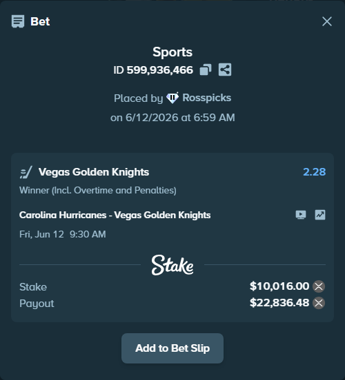 Bet slip: Carolina Hurricanes - Vegas Golden Knights, $10,115.46 stake at 2.28 odds, placed by Rosspicks