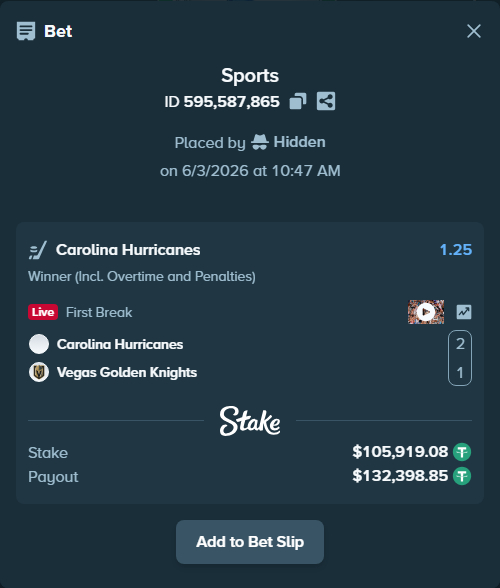 Bet slip: Carolina Hurricanes - Vegas Golden Knights, $106,025.00 stake at 1.25 odds, placed by Hidden