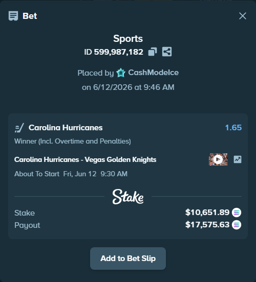 Bet slip: Carolina Hurricanes - Vegas Golden Knights, $11,690.24 stake at 1.65 odds, placed by CashModeIce
