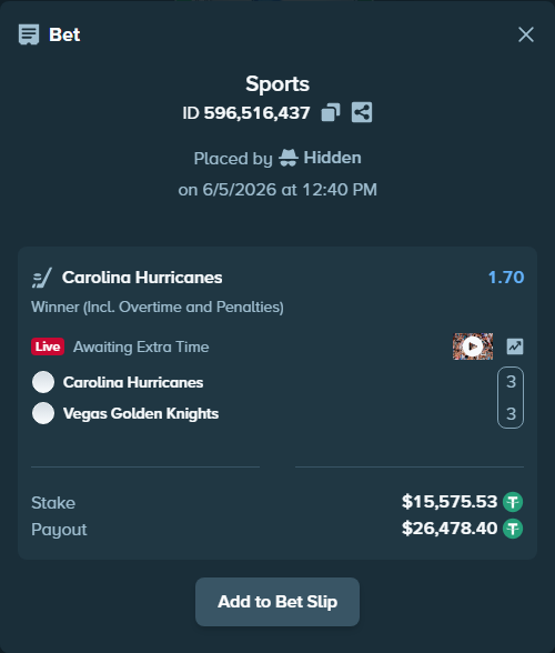 Bet slip: Carolina Hurricanes - Vegas Golden Knights, $15,591.11 stake at 1.70 odds, placed by Hidden