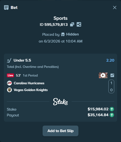 Bet slip: Carolina Hurricanes - Vegas Golden Knights, $16,000.00 stake at 2.20 odds, placed by Hidden