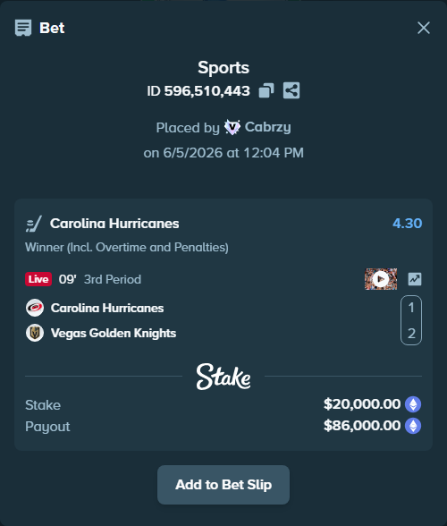 Bet slip: Carolina Hurricanes - Vegas Golden Knights, $19,955.09 stake at 4.30 odds, placed by Cabrzy