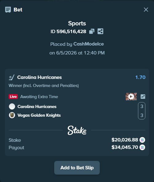Bet slip: Carolina Hurricanes - Vegas Golden Knights, $21,876.18 stake at 1.70 odds, placed by CashModeIce