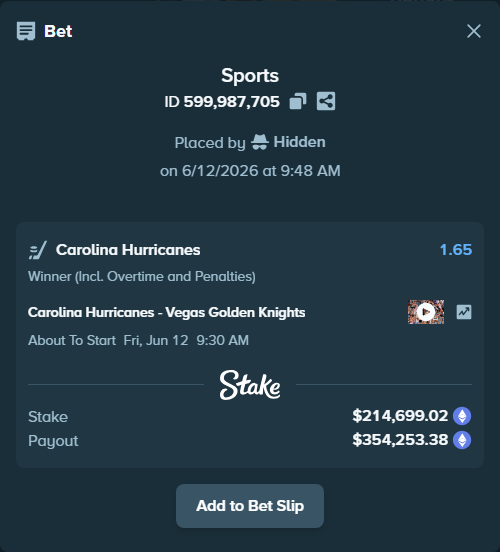 Bet slip: Carolina Hurricanes - Vegas Golden Knights, $222,408.72 stake at 1.65 odds, placed by Hidden