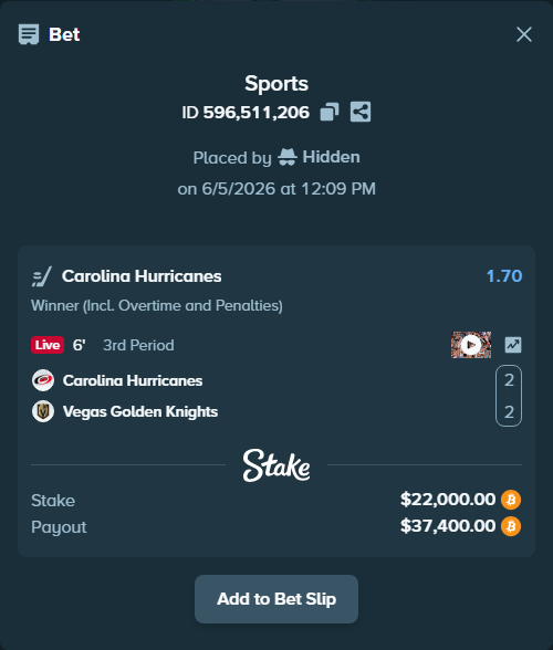 Bet slip: Carolina Hurricanes - Vegas Golden Knights, $22,573.40 stake at 1.70 odds, placed by Hidden